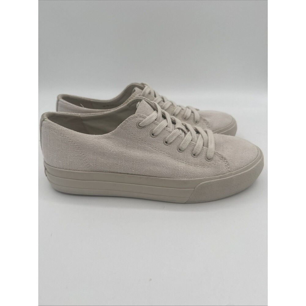 Vince Shoes Womens Sz 7 Beige Canvas Low Top Casual Sneakers Leather Heaton